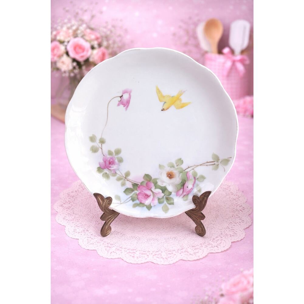 Nippon Hand Painted Decorative Plate Flowers Yellow Bird White 9"